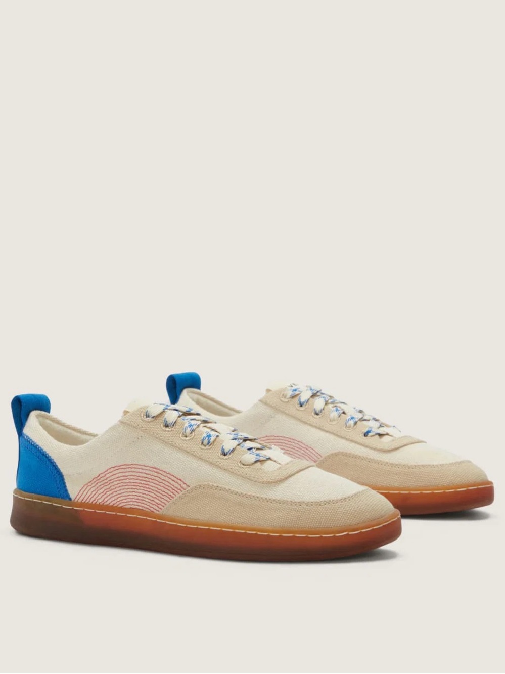 Everlane Tread-Bare Tan Canvas Sneaker Blue Red Gum Sole Size 10 NWOB New